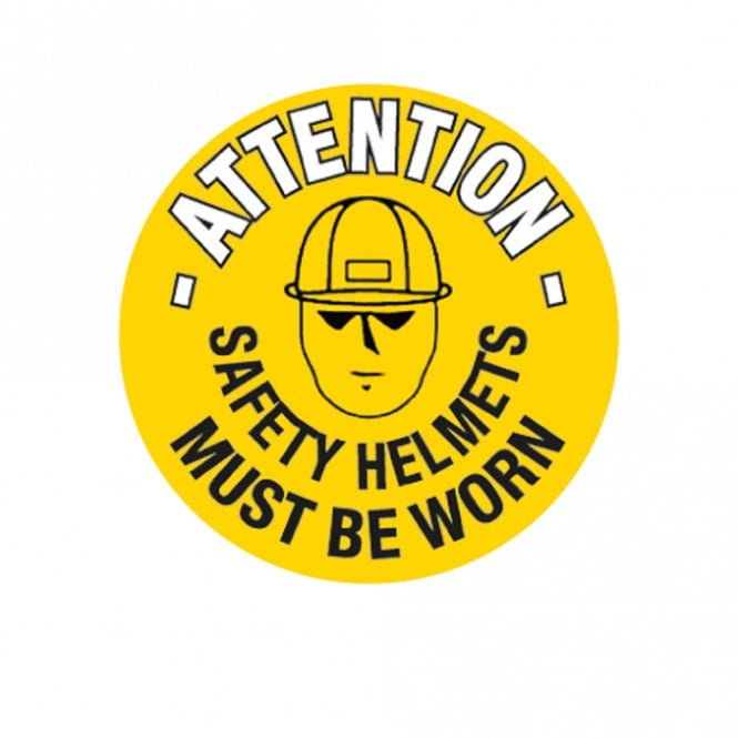 Floor Marker Graphic Sign: ATTENTION SAFETY HELMETS MUST BE WORN