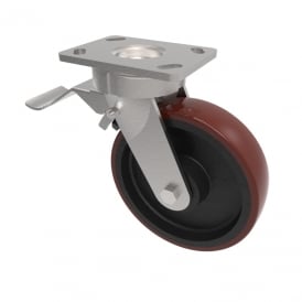 Heavy Duty Castors with Top Plate Swivel with Brake Non marking Brown Polyurethane Cast Iron Centre