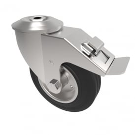 Medium Duty Bolt Hole Swivel with Brake Castors Black Rubber Metal Centre