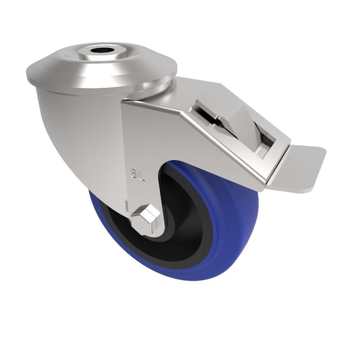 Medium Duty Bolt Hole Swivel with Brake Castors Non Marking Blue Rubber Nylon Centre