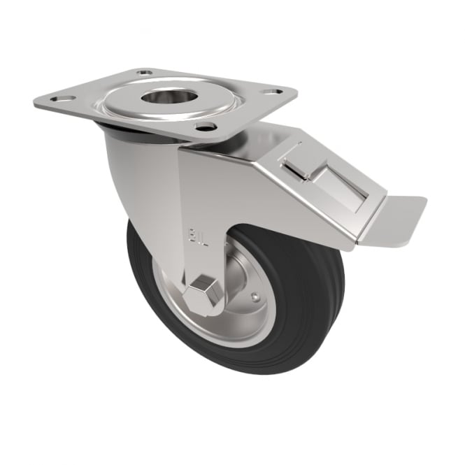 Medium Duty Castors with Top Plate Swivel with Brake Black Rubber Metal Centre