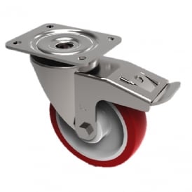 Medium Duty Top Plate Stainless Steel Swivel with Brake Castors Non Marking Red Polyurethane Nylon Centre