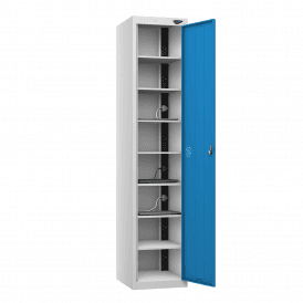 Single Door Charging Locker 8,10 or 15 Compartments 450mm Deep with a Standard UK 3-Pin Plug