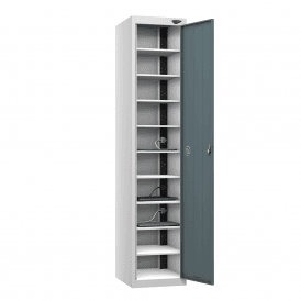 Single Door Charging Locker 8,10 or 15 Compartments 450mm Deep with a Standard UK 3-Pin Plug