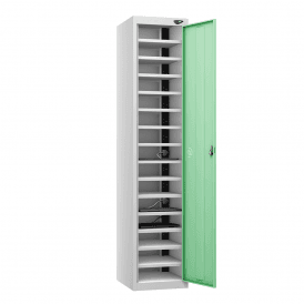 Single Door Charging Locker 8,10 or 15 Compartments 450mm Deep with a Standard UK 3-Pin Plug